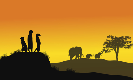 Silhouette of weasel and elephant at the sunsetのイラスト素材