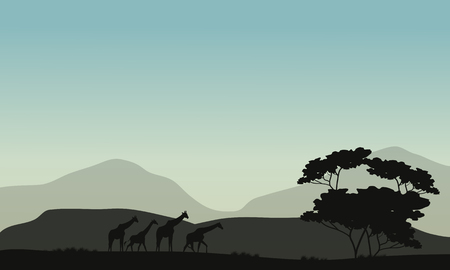 Silhouette of tree and giraffe in the hillsのイラスト素材