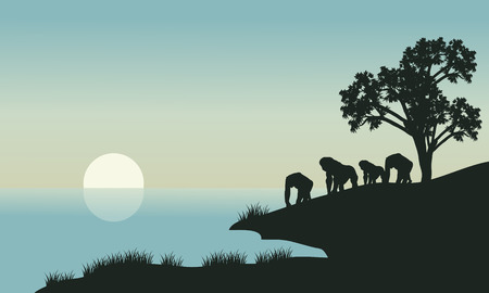 Gorilla silhouette in lake a beautiful scenery with moonのイラスト素材