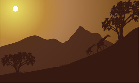 Giraffe silhouette on the hill at the morningのイラスト素材