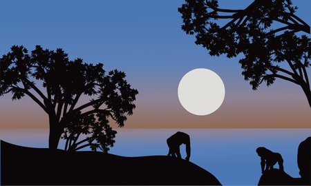 Illustration of gorilla silhouette with moon at the nightのイラスト素材