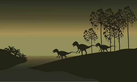 tyrannosaurus in riverbank scenery at the nightのイラスト素材