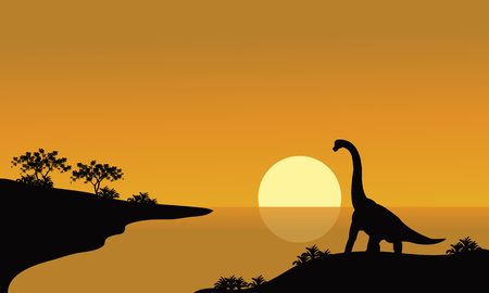 silhouette of brachiosaurus in river with brown backgroundsのイラスト素材