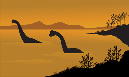 Silhouette of brachiosaurus in the water at the afternoonのイラスト素材