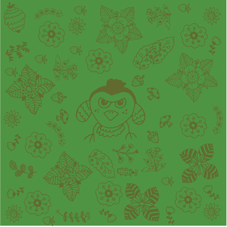 Green backgrounds flowers doodle art and birdsのイラスト素材