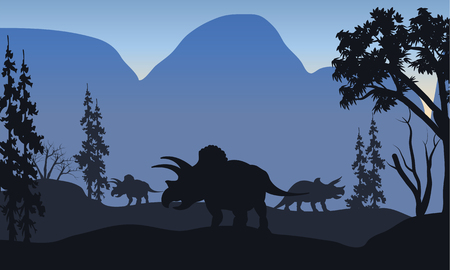 triceratops of silhouette in hills with blue backgroundsのイラスト素材