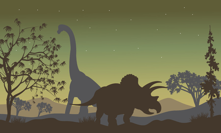 triceratops and Brachiosaurus silhouette in the hillsのイラスト素材