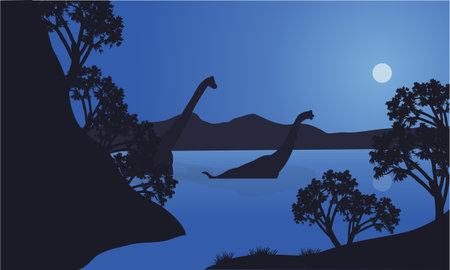Brachiosaurus in water scenery silhouette a beautifulのイラスト素材
