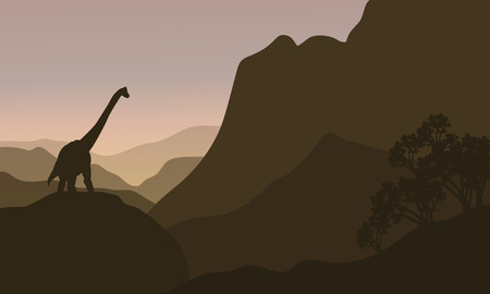 brachiosaurus in hills silhouette scenery at the afternoonのイラスト素材