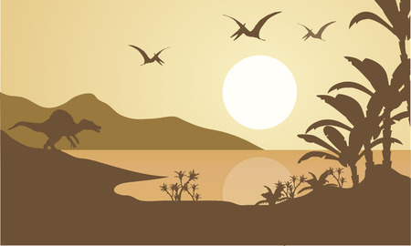 Silhouette of pterodactyl and spinosaurus in the lakeのイラスト素材
