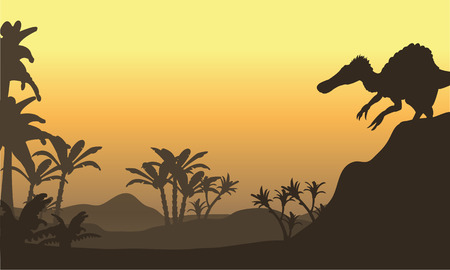 spinosaurus in hills scenery at the sunriseのイラスト素材