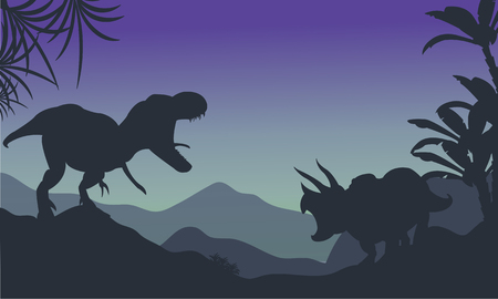 Silhouette of ankylosaurus and tyrannosaurus at the nightのイラスト素材