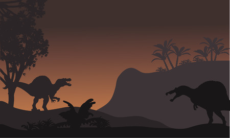 spinosaurus in forest at night scenery with brown backgroundsのイラスト素材