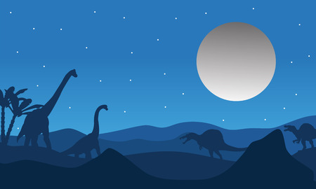 Silhouette of dinosaur with moon at the nightのイラスト素材