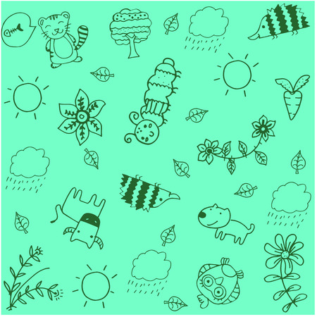 animal and leaves doodle art with green backgroundsのイラスト素材