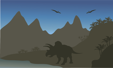 Silhouette of pterodactyl and triceratops in the riverbankのイラスト素材