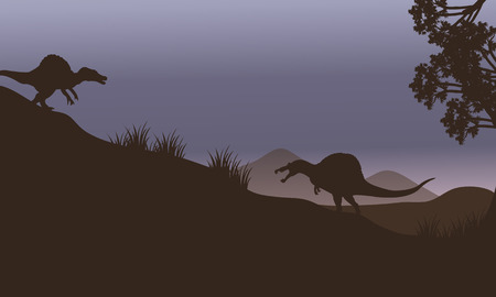 Silhouette of two spinosaurus in fields at the nightのイラスト素材