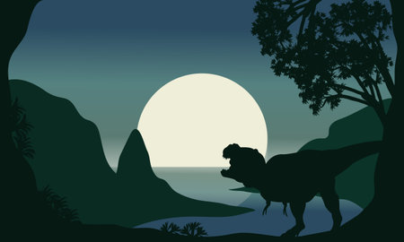 Silhouette of one tyrannosaurus and moon in the riverbankのイラスト素材