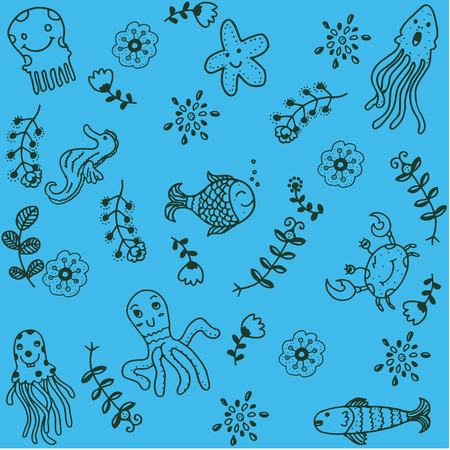 Fish and marine plant doodle artのイラスト素材
