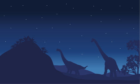 Silhouette of two brachiosaurus with star and blue backgroundsのイラスト素材