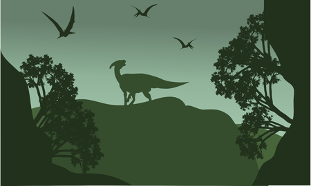 Silhouatte of parasaurolophus and pterodactyl  with green backgroundsのイラスト素材