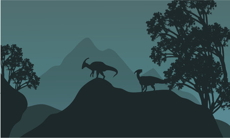 Silhouette of parasaurolophus in hills at the nightのイラスト素材