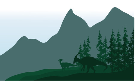 Silhouette of parasaurolophus in fields beautiful sceneryのイラスト素材