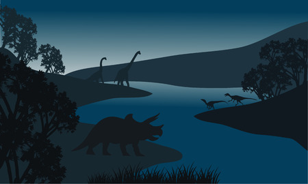 Landscape dinosaur silhouette in river at the nightのイラスト素材