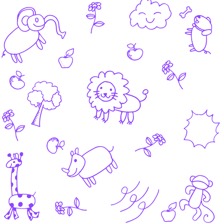 purple Animals doodle set funny for kidsのイラスト素材