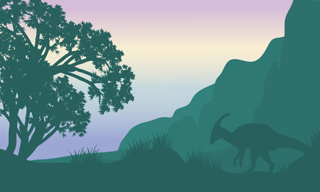 Landscape parasaurolophus in the fields silhouette sceneryのイラスト素材