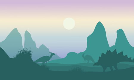 At morning silhouette of parasaurolophus and stegosaurus beautiful sceneryのイラスト素材