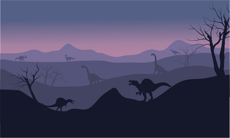 Silhouette of Brachiosaurus and spinosaurus at the sunsetのイラスト素材
