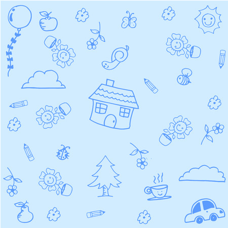 House doodle art with blue backgrounds for kidsのイラスト素材