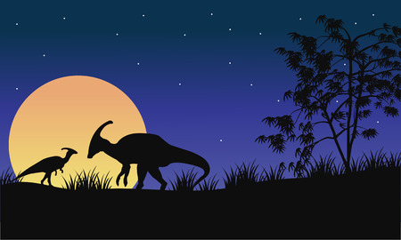 At night parasaurolophus silhouette with moon a beautiful sceneryのイラスト素材