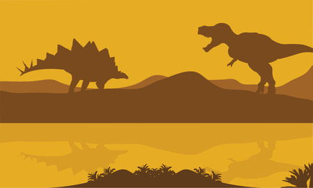 Silhouette of stegosaurus and parasaurolophus in riverbankのイラスト素材