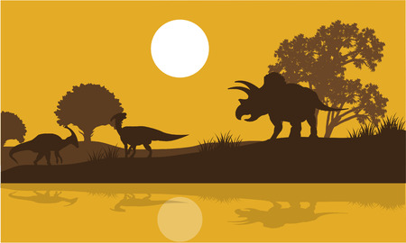 Silhouette of triceratops and parasaurolophus in river at the morningのイラスト素材