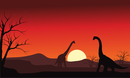 Silhouette of two brachiosaurus at sunset with sunのイラスト素材