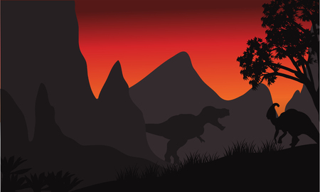 tyrannosaurus and parasaurolophus silhouette in hills at the sunsriseのイラスト素材