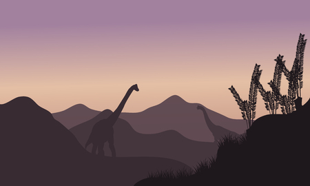 Silhouette of two brachiosaurus in fields at the morningのイラスト素材