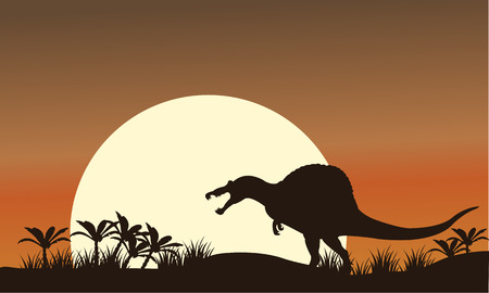 Silhouette of spinosaurus and big sun at the morningのイラスト素材