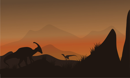 On the hills silhouette eoraptor and parasaurolophus at afternoonのイラスト素材