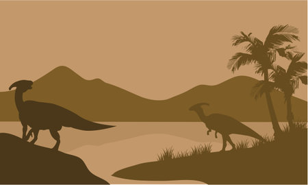 Silhouette of parasaurolophus in lake with brown backgroundsのイラスト素材