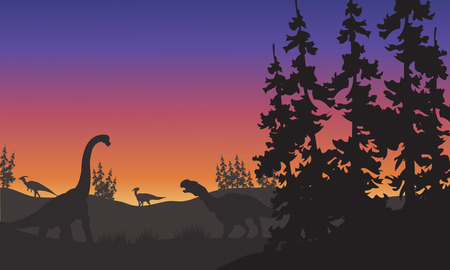 Silhouette of Brachiosaurus and Iguanodon at tthe afternoonのイラスト素材
