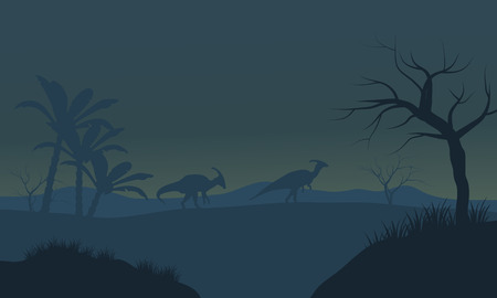 Parasaurolophus in fields scnery silhouette with fogのイラスト素材