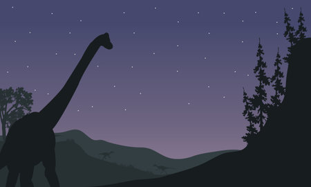 Silhouette of one Brachiosaurus at night with starのイラスト素材