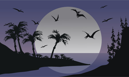 Silhouette of Pterodactyl flying in sea at the nightのイラスト素材