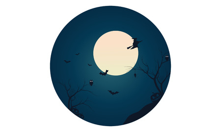 Silhouette of witch and bat flying with moon backgroundsのイラスト素材