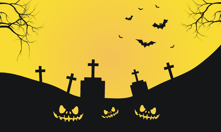 Halloween with graves and scary face silhouette yellow backgrooundsのイラスト素材