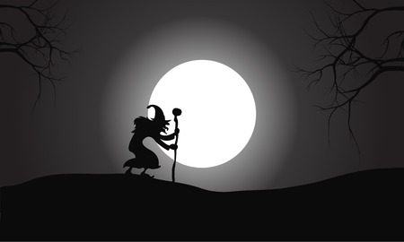 Silhouette of one witch and full moonのイラスト素材