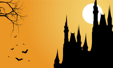 Silhouette of big castle and bat halloween at sunriseのイラスト素材